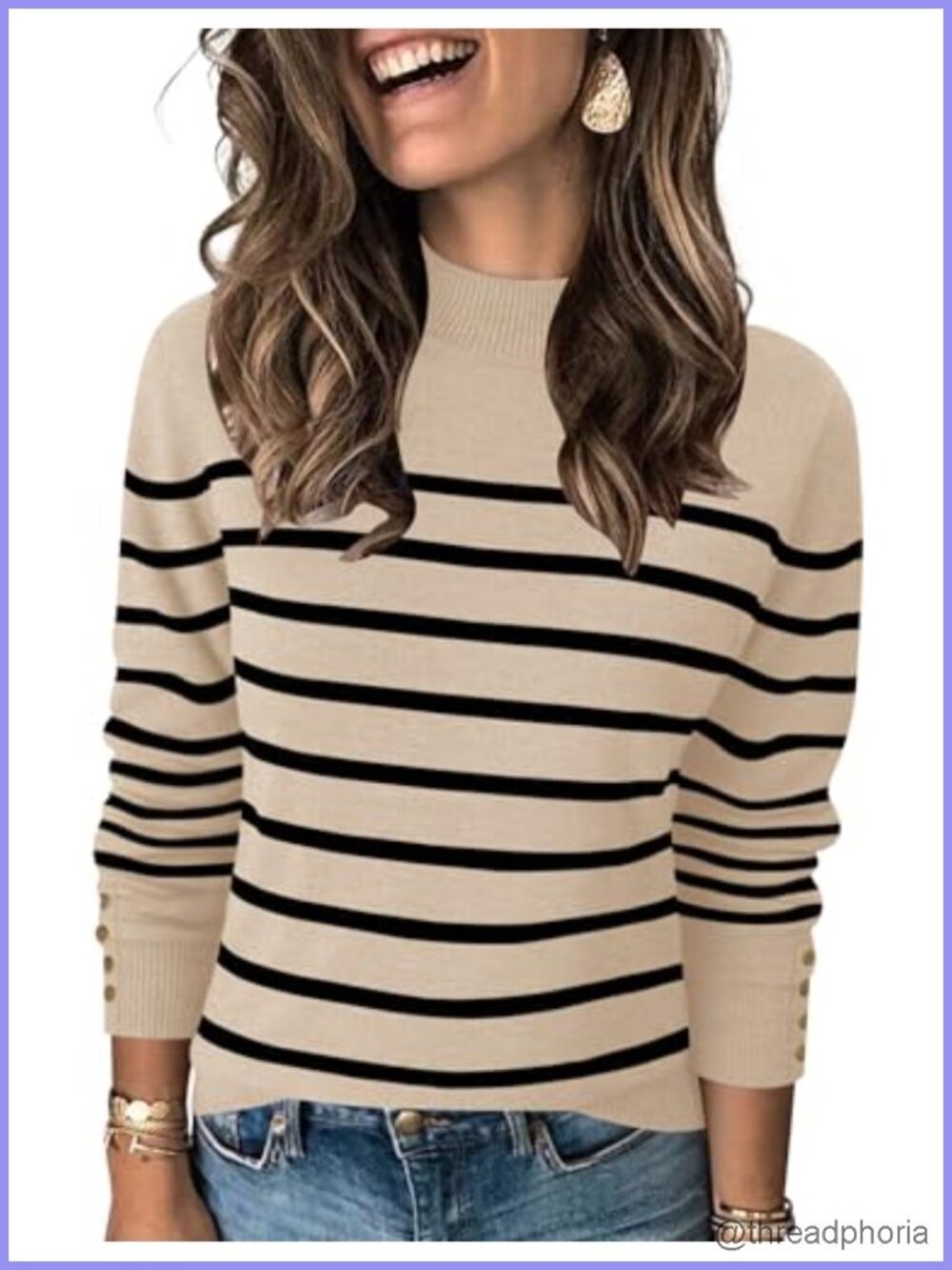 Women's Mock Neck Long Sleeve Knit Sweater Pullover with Button Cuffs - Viscose